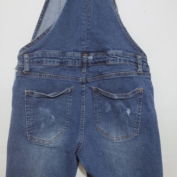 Bluenotes | Cut Off Denim Raw Hem Distressed Overall Shorts - Picture 4 of 8